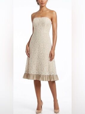 Mori Lee Strapless Lace Tea-Length Dress in Beige with Ruffle Hem